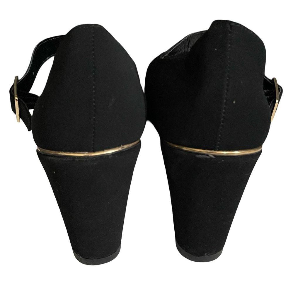 Andiamo Black Velvety & Gold Rimmed Mary Jane Wedges Size 6.5 3” Heel AClaudia - Picture 5 of 8